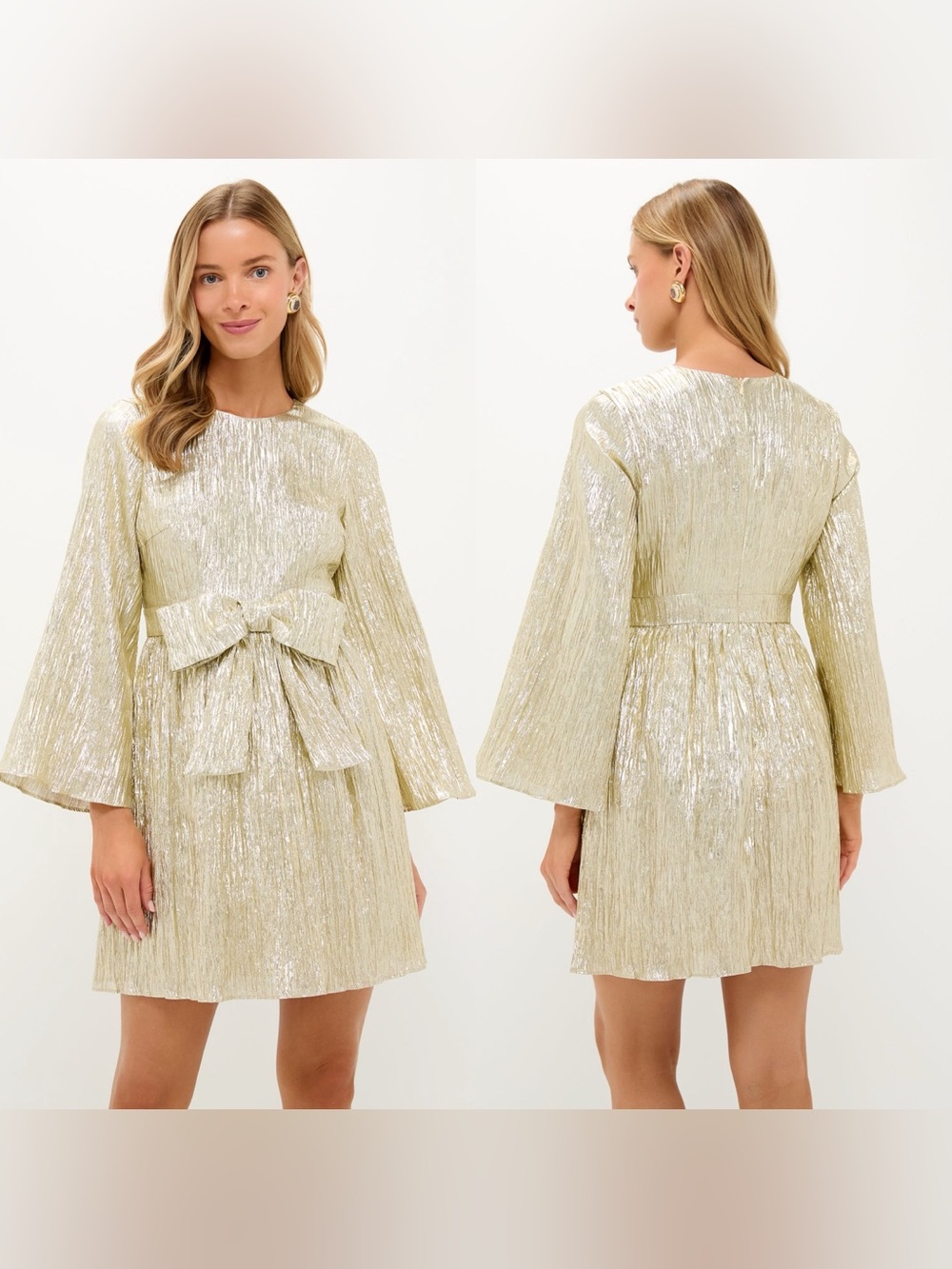 NWT Tuckernuck Hyacinth House Gold Plisse Carol Bow Mini Dress Size Medium  $158